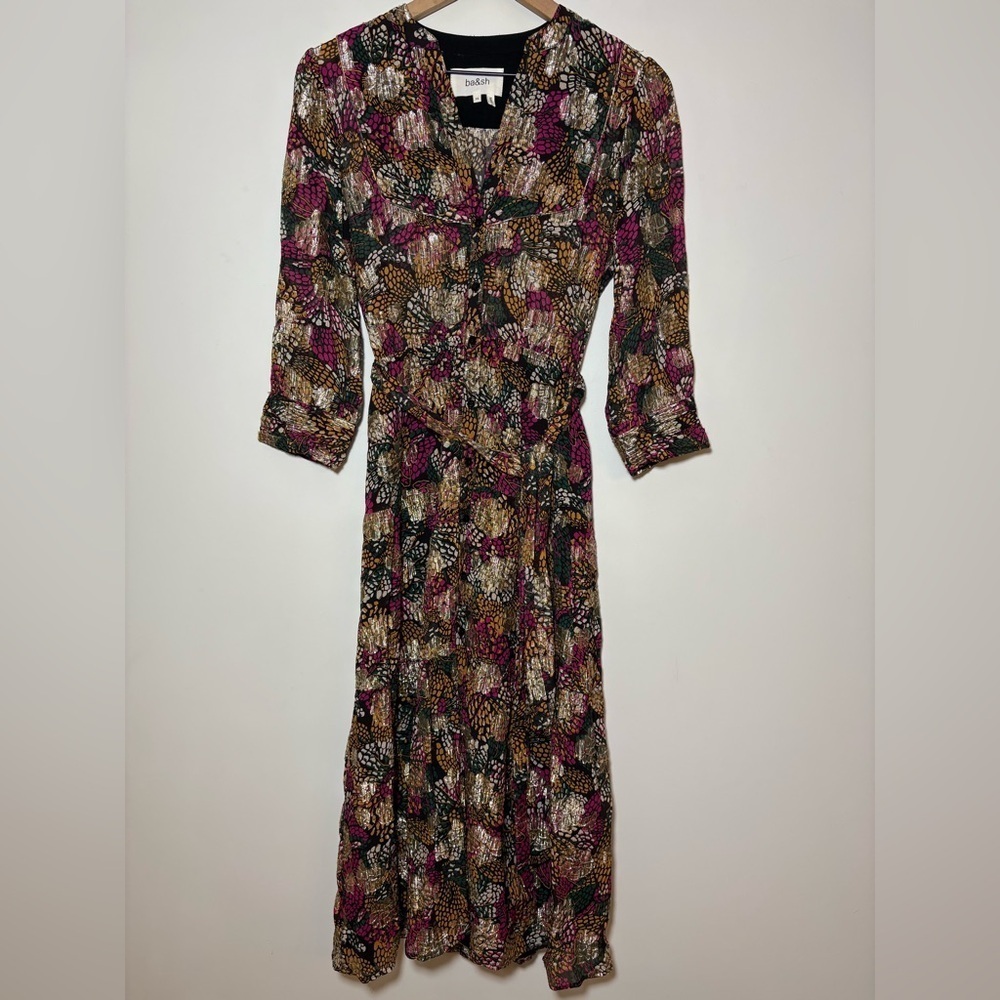 ba&sh Love Metallic Floral Print Midi Belted Dress $495 Sz XS - Picture 9 of 14